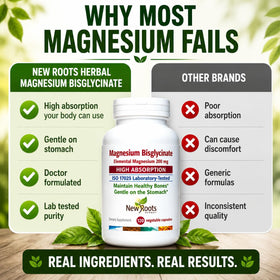 Flacon de Magnésium Bisglycinate NEW ROOTS HERBAL sur fond blanc