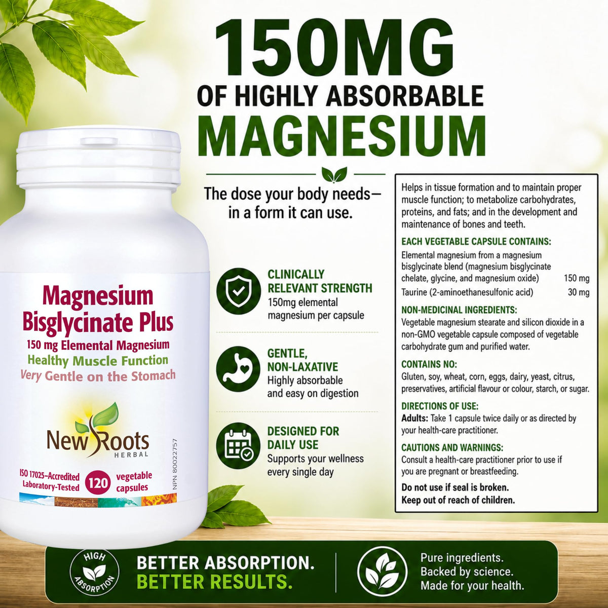Flacon de Magnésium Bisglycinate Plus de NEW ROOTS HERBAL avec capsules à côté