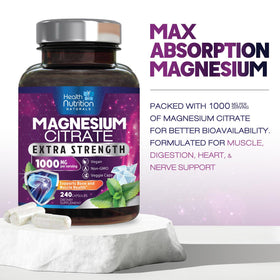 Flacon de magnésium citrate 1000mg avec une main tenant une capsule