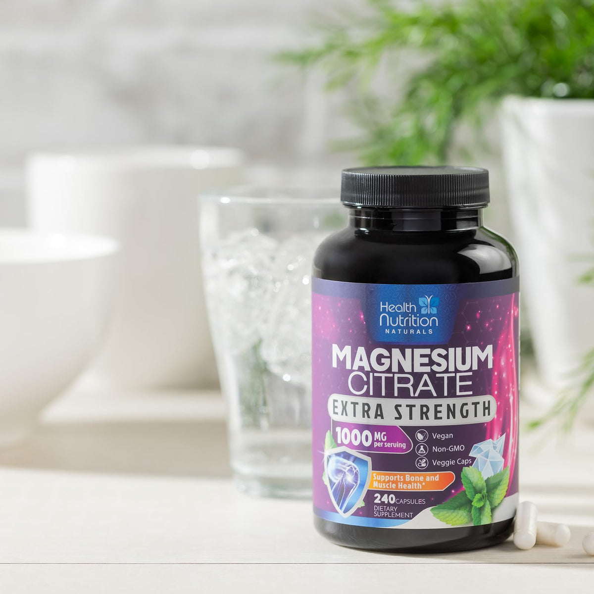 Flacon de magnésium citrate 1000mg sur une table en bois