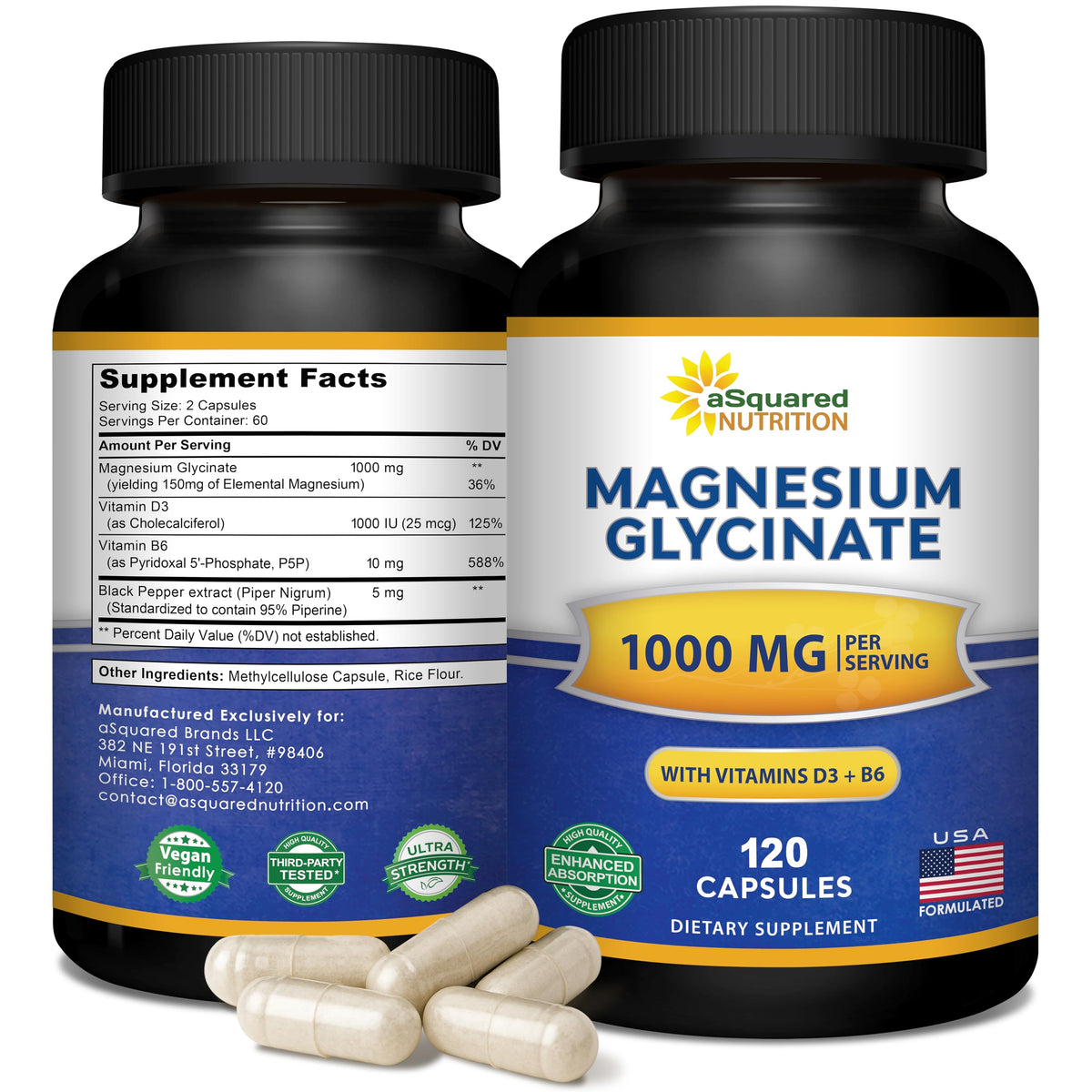 Flacon de Magnésium Glycinate 1000mg d'aSquared Nutrition, 120 capsules