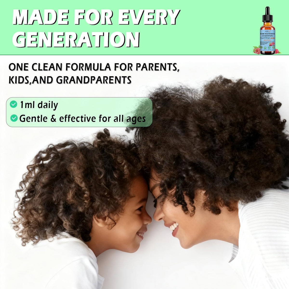 Flacon de magnésium glycinate 400mg liquide avec fruits en arrière-plan