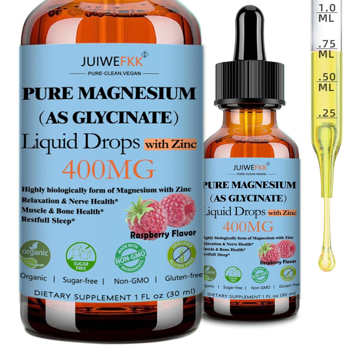 Flacon de magnésium glycinate 400mg liquide JUIWEFKK vue de face