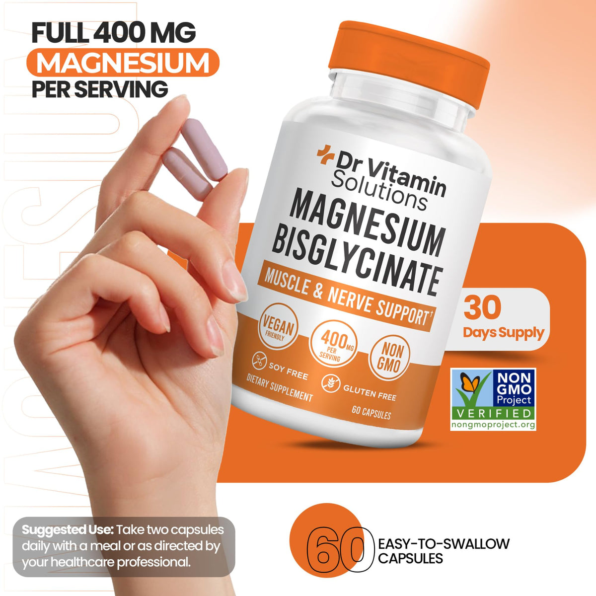 Flacon de Magnésium Glycinate 400mg ouvert avec capsules visibles