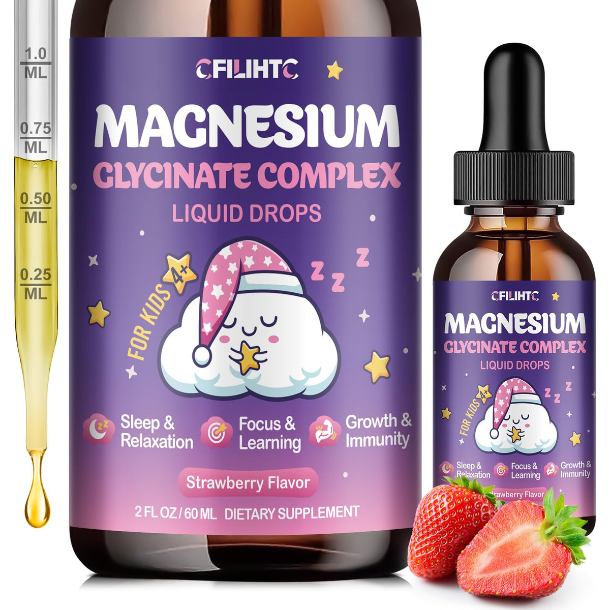 Flacon de magnésium glycinate CFILIHTC 200 mg gouttes fraise