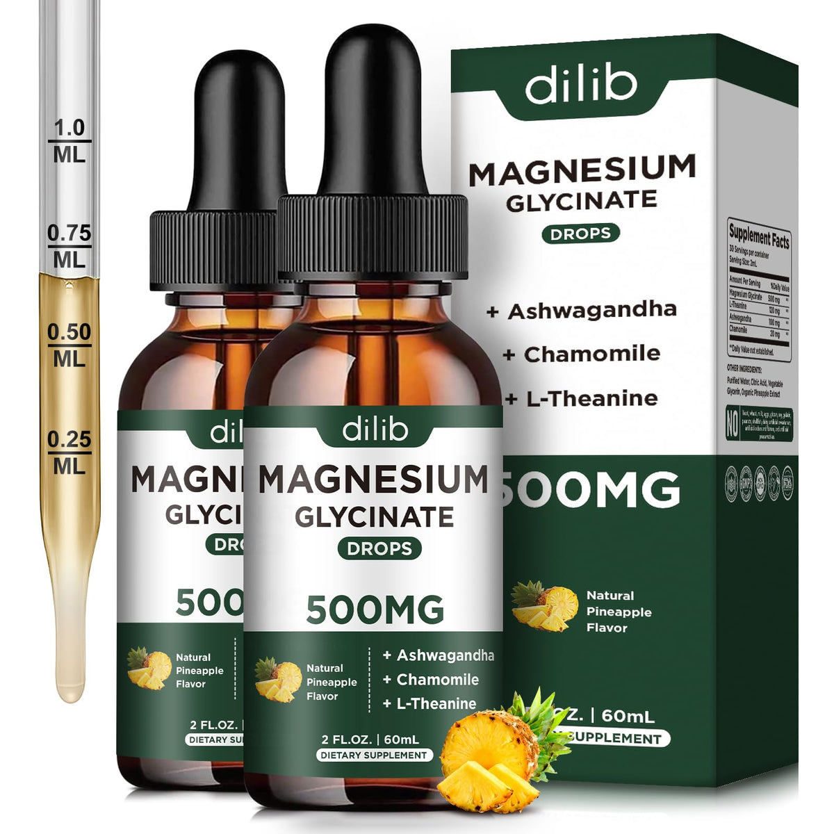Flacon de magnésium glycinate dilib 500 mg 60 ml vue de face