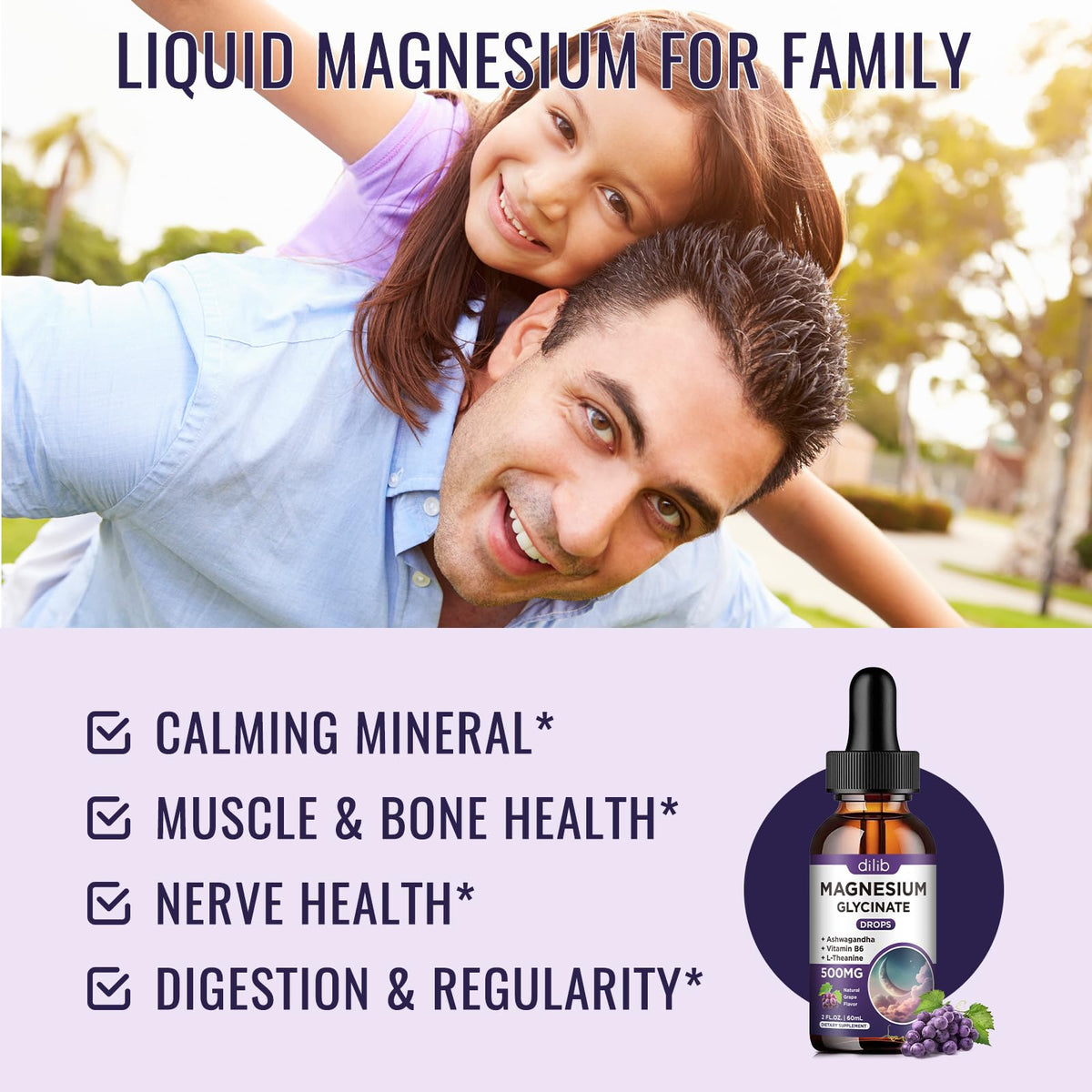 Flacon de magnésium glycinate dilib avec étiquette et dosage