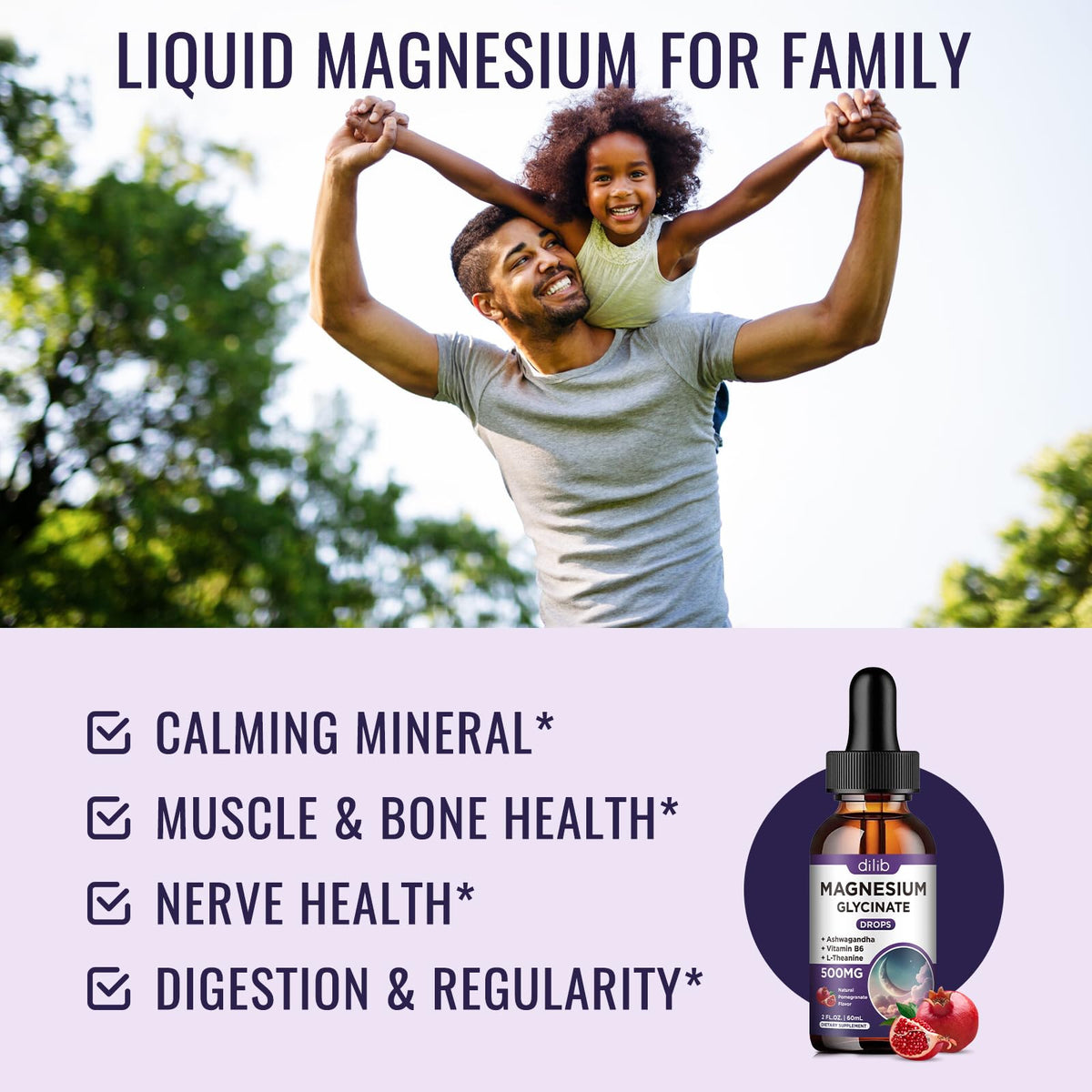 Flacon de magnésium glycinate dilib avec étiquette et dosage