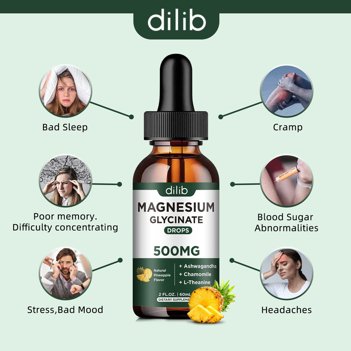 Flacon de magnésium glycinate dilib avec un fond naturel