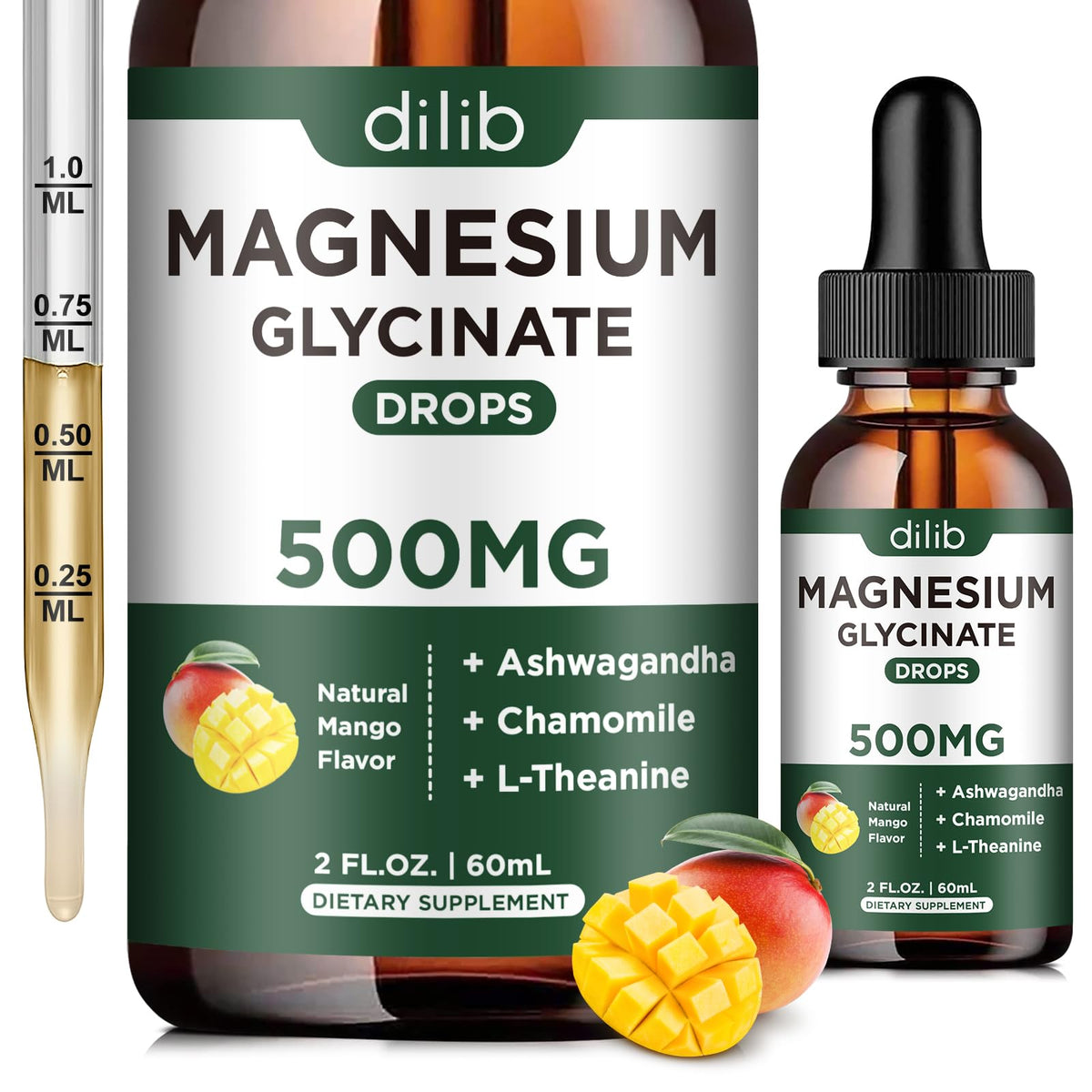 Flacon de magnésium glycinate liquide dilib avec étiquette et gouttes
