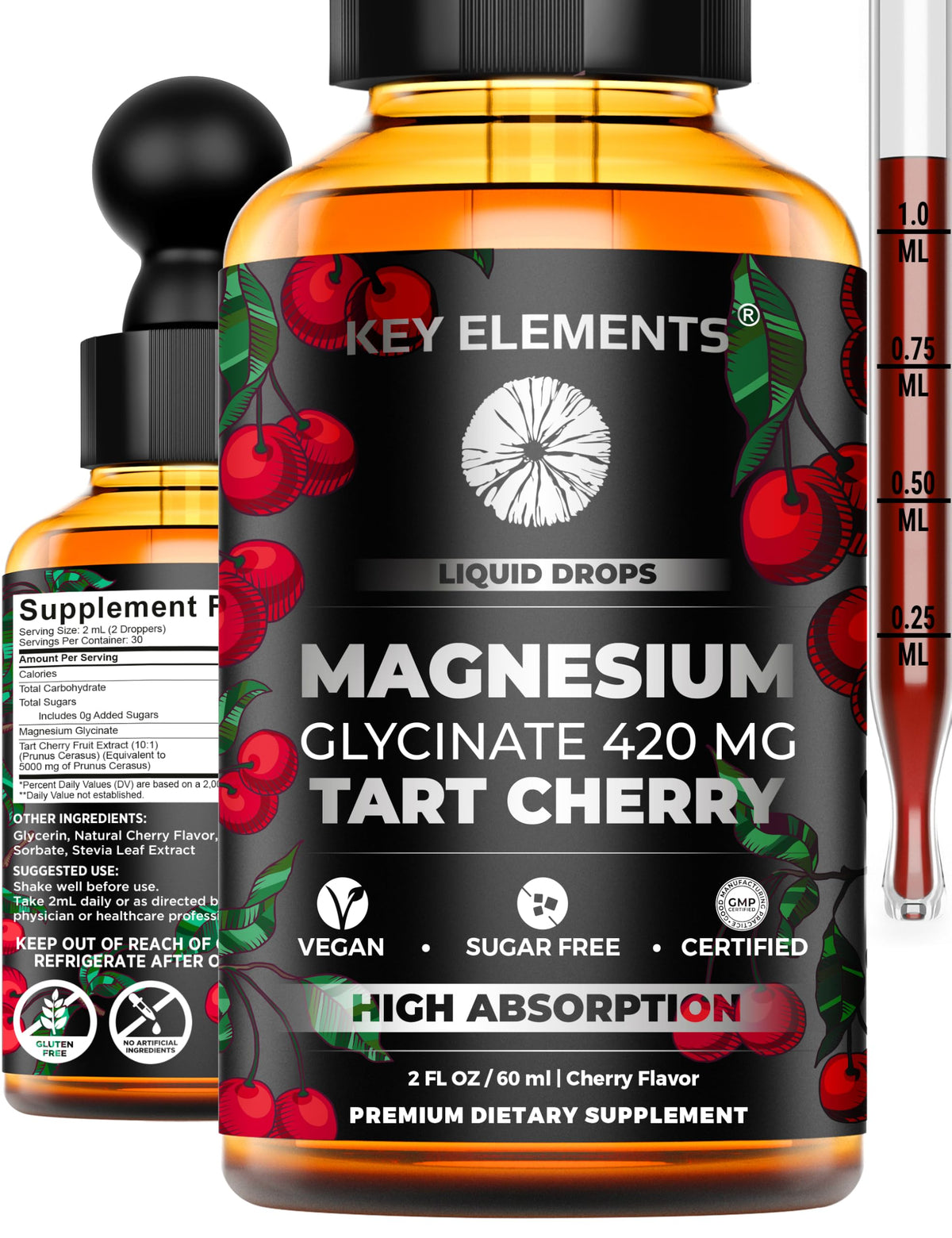 Flacon de magnésium glycinate liquide KEY ELEMENTS 420 mg avec étiquette visible