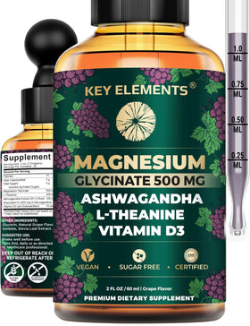 Flacon de magnésium glycinate liquide KEY ELEMENTS avec étiquette