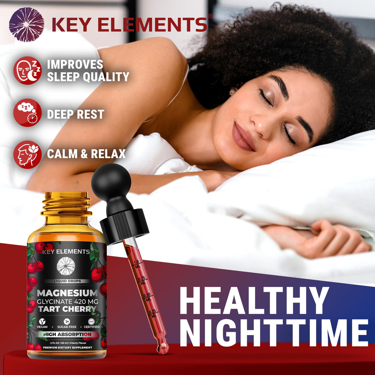 Flacon de magnésium glycinate liquide KEY ELEMENTS sur une table en bois