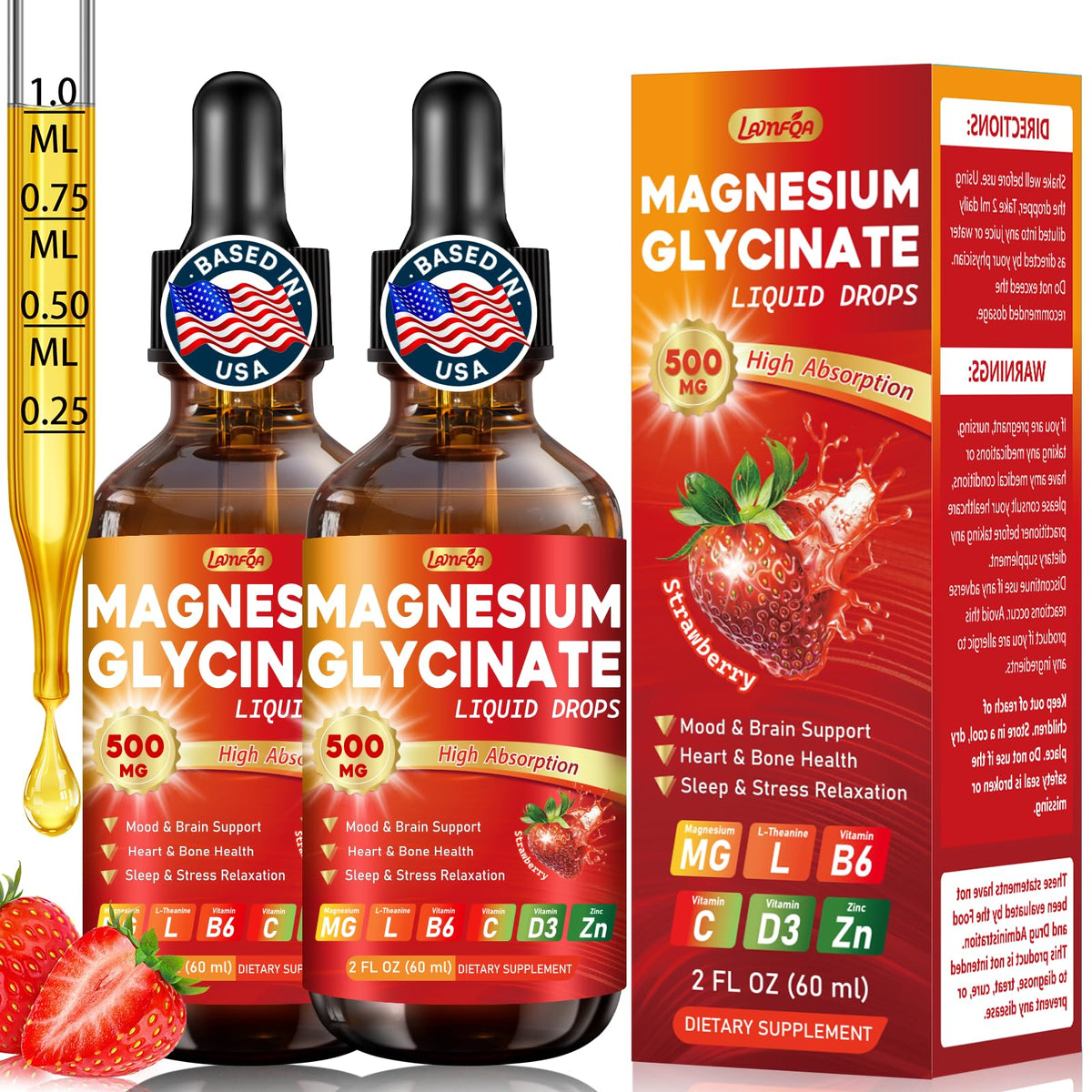 Flacon de magnésium glycinate liquide LAMFQA avec étiquette visible