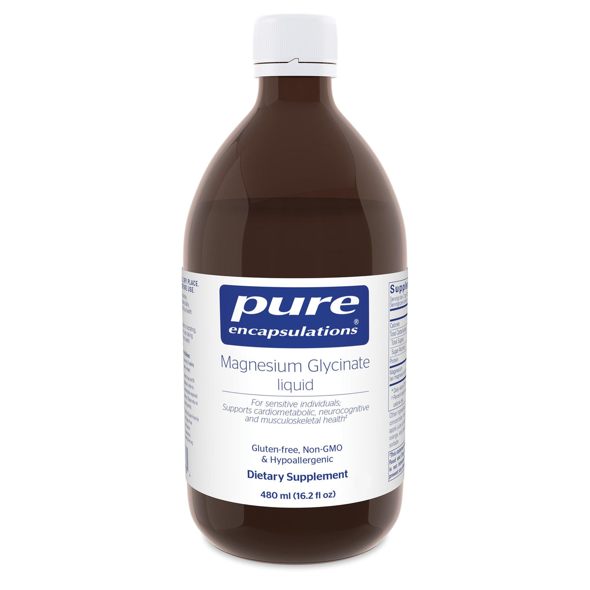 Flacon de magnésium glycinate liquide Pure Encapsulations 480 ml vue de face