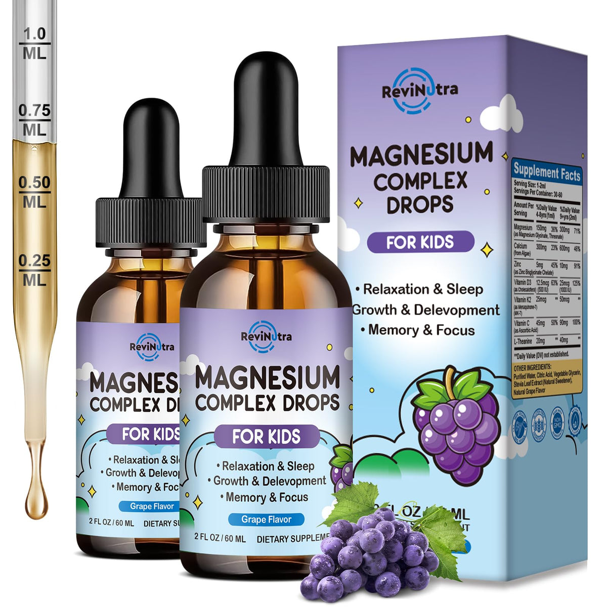 Flacon de magnésium glycinate liquide ReviNutra 120 ml au goût raisin