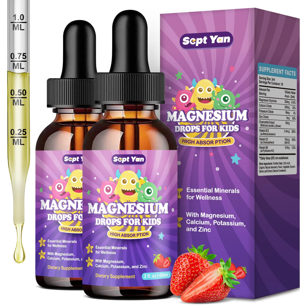 Flacon de magnésium glycinate liquide SEPT YAN 200mg, saveur fraise