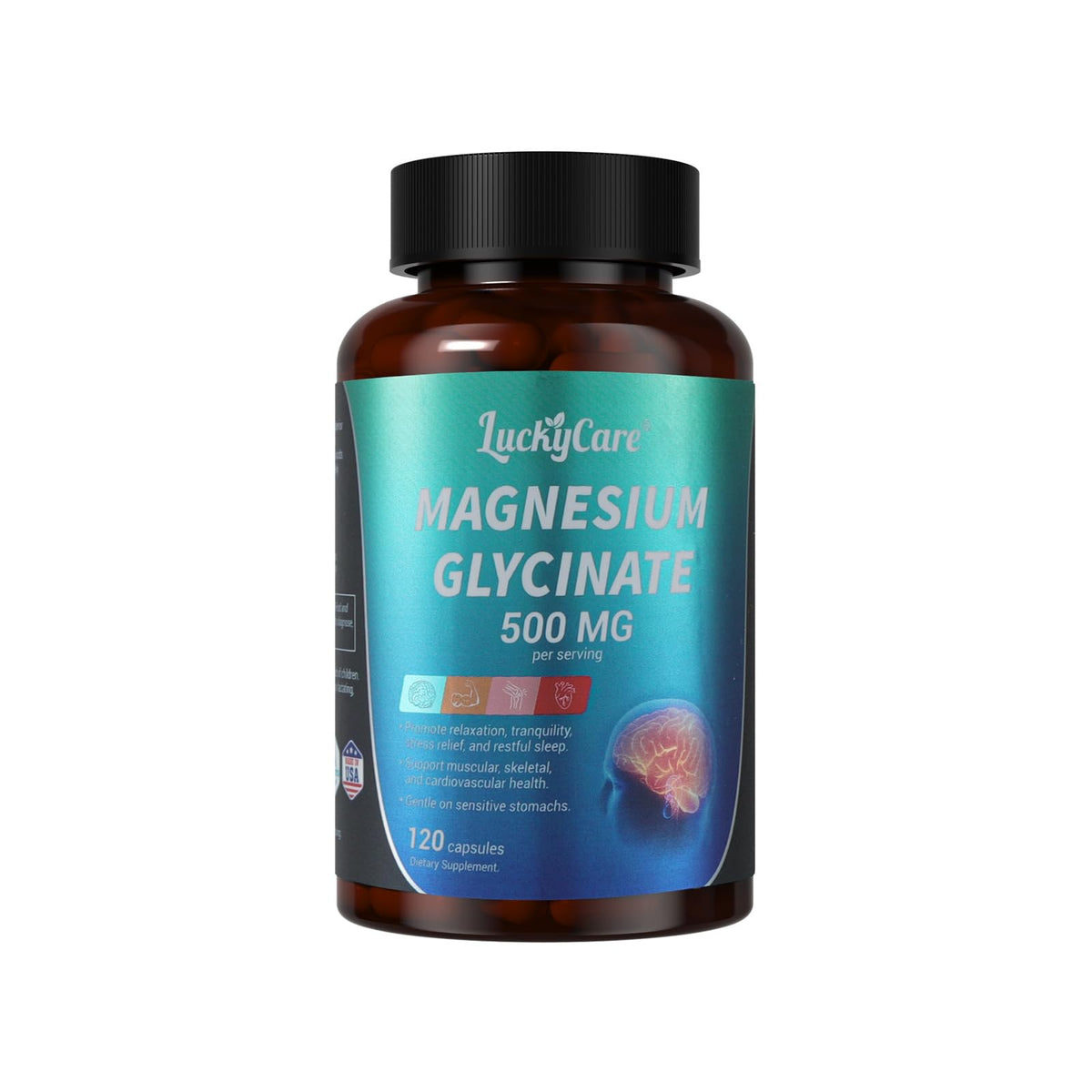 Flacon de magnésium glycinate Luckycare 500mg 120 capsules