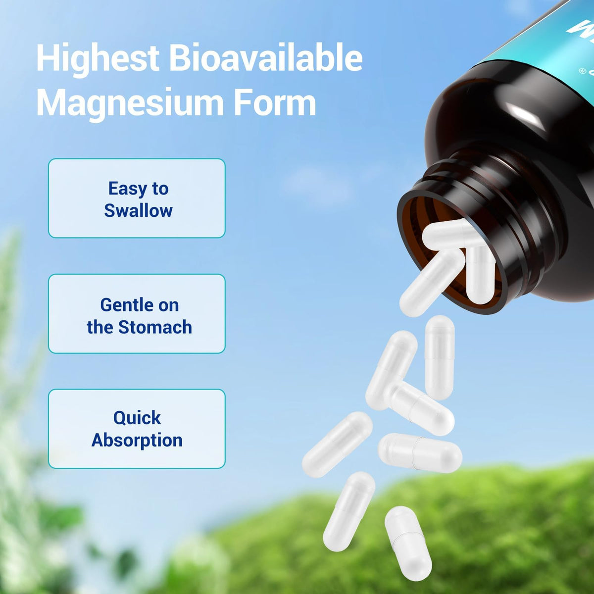 Flacon de magnésium glycinate Luckycare avec une capsule à côté