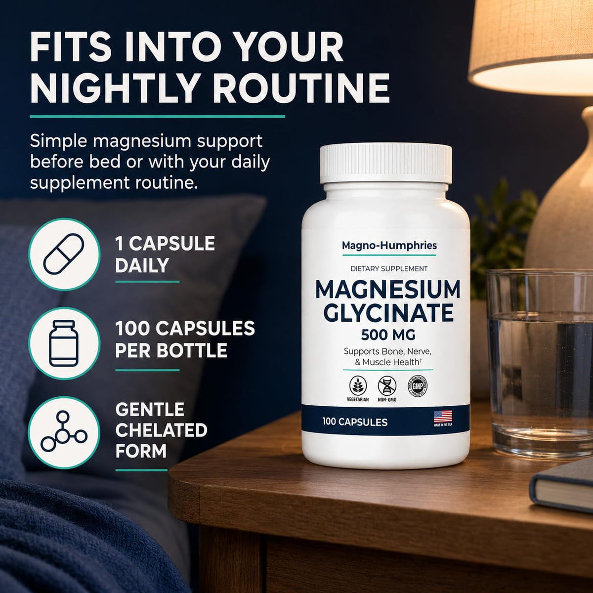Flacon de magnésium glycinate Magno-Humphries avec un fond naturel