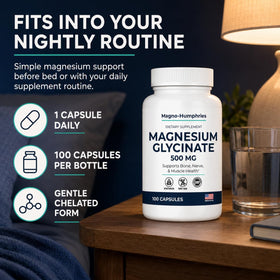 Flacon de magnésium glycinate Magno-Humphries avec un fond naturel
