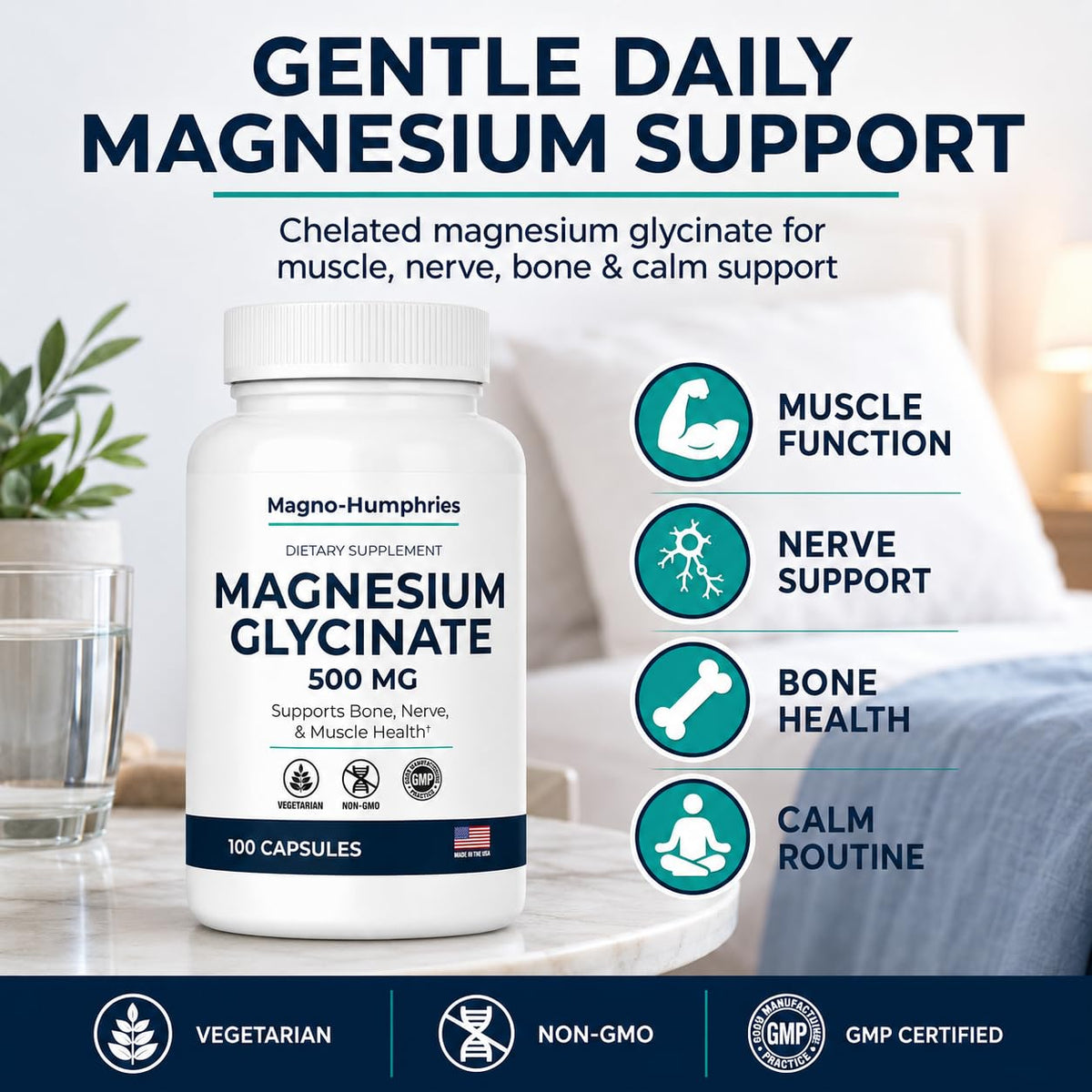 Flacon de magnésium glycinate Magno-Humphries avec une capsule à côté