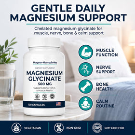 Flacon de magnésium glycinate Magno-Humphries avec une capsule à côté