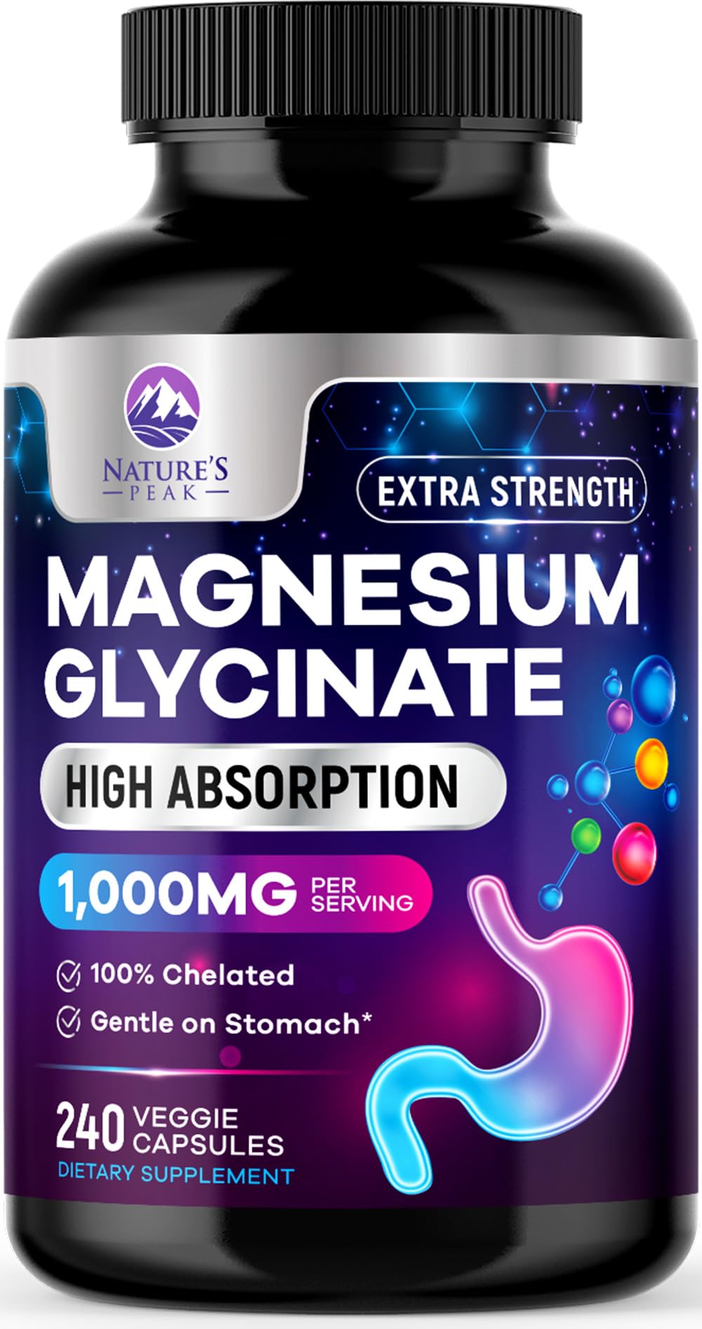 Flacon de Magnésium Glycinate Nature's Peak 1000mg 240 capsules vue de face