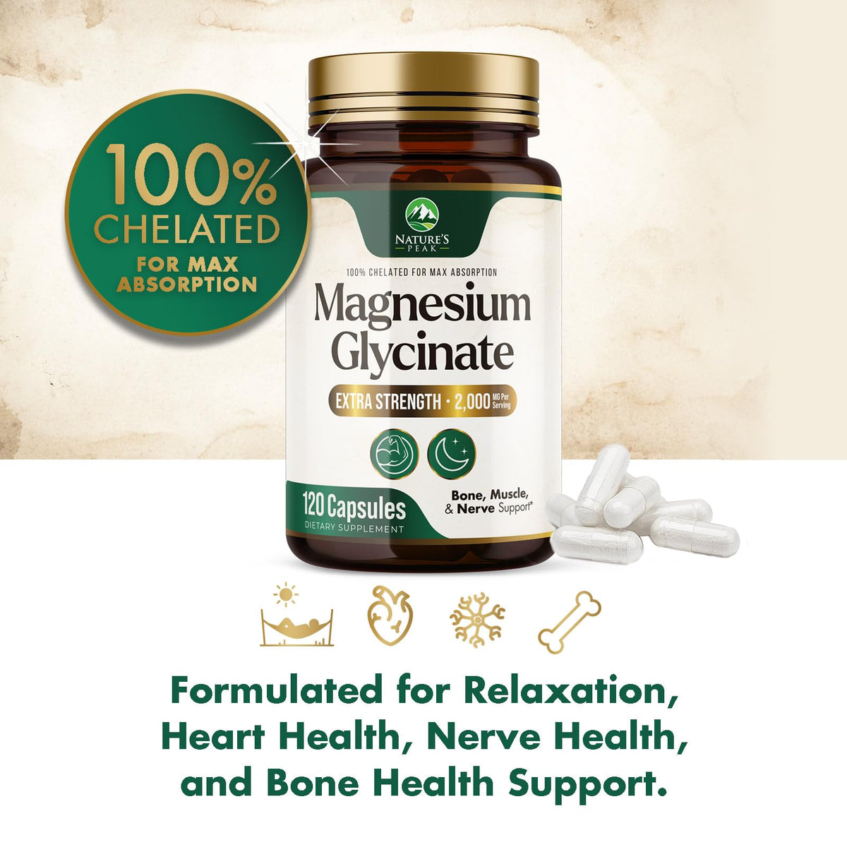 Flacon de magnésium glycinate Nature's Peak ouvert avec capsules à l'intérieur