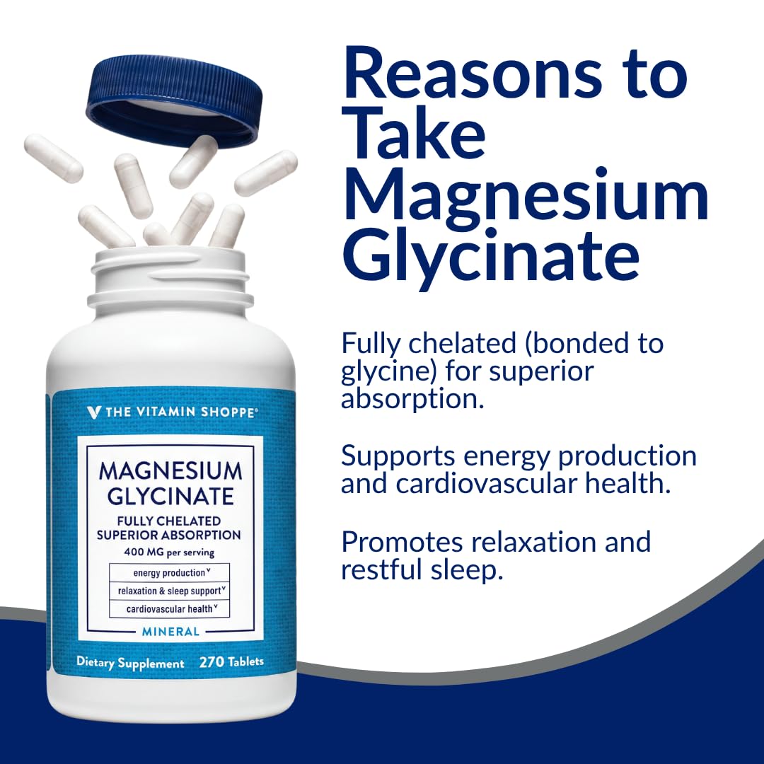 Flacon de magnésium glycinate ouvert avec comprimés visibles