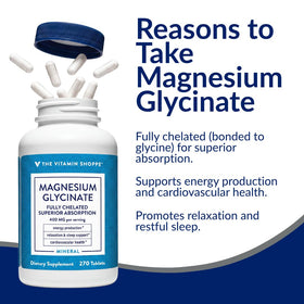 Flacon de magnésium glycinate ouvert avec comprimés visibles