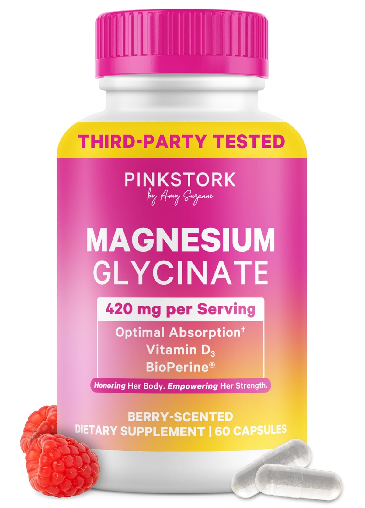 Flacon de Magnésium Glycinate Pink Stork 420mg, capsules de couleur violette