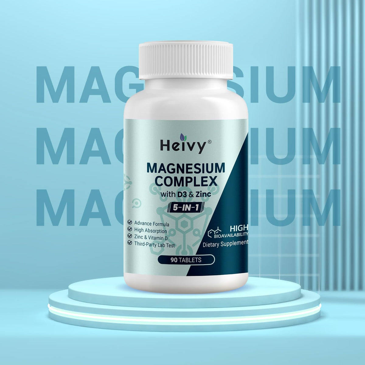 Flacon de Magnésium Heivy avec Zinc et D3 sur une table