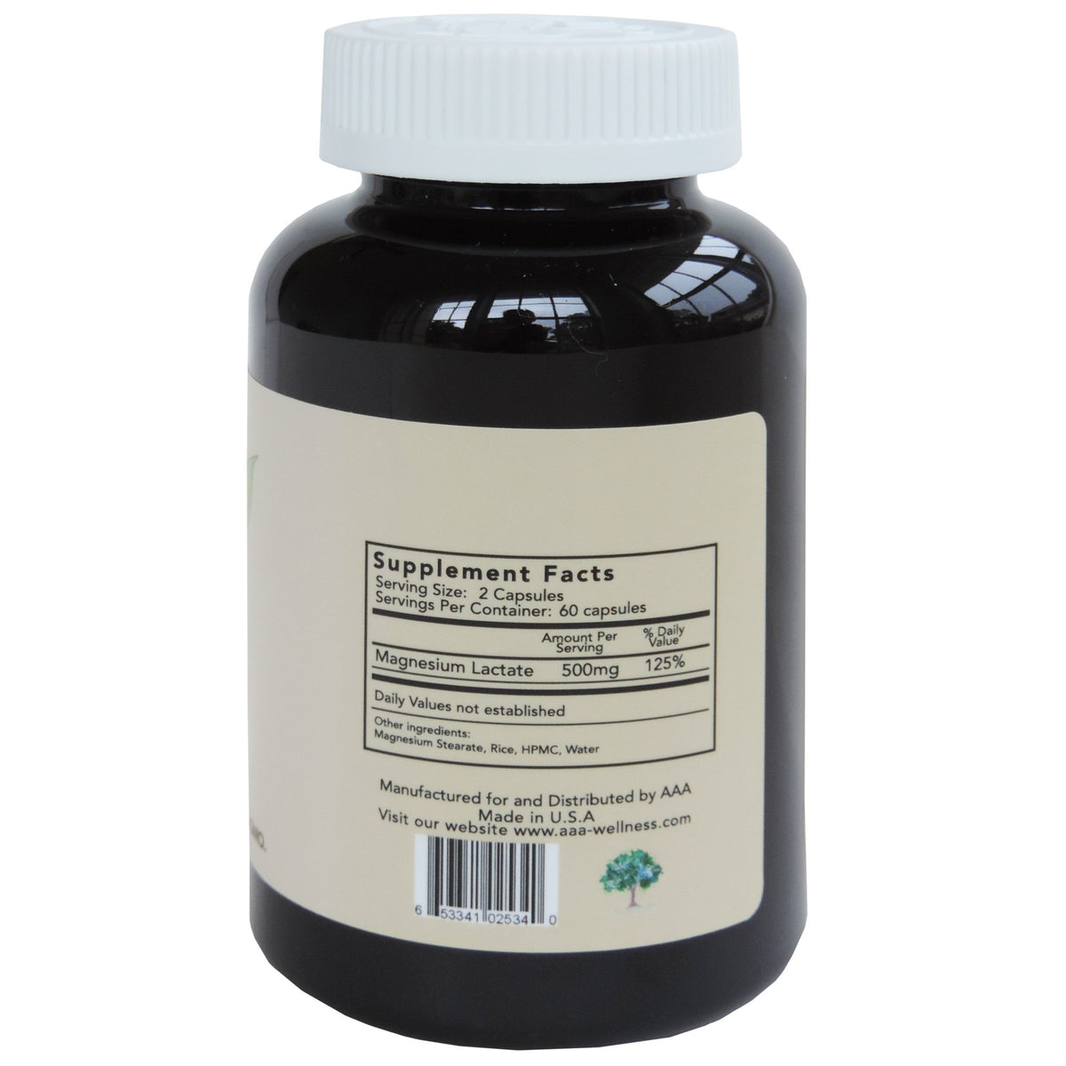 Flacon de Magnésium Lactate 500 mg avec étiquette et capsules visibles