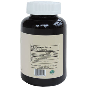 Flacon de Magnésium Lactate 500 mg avec étiquette et capsules visibles