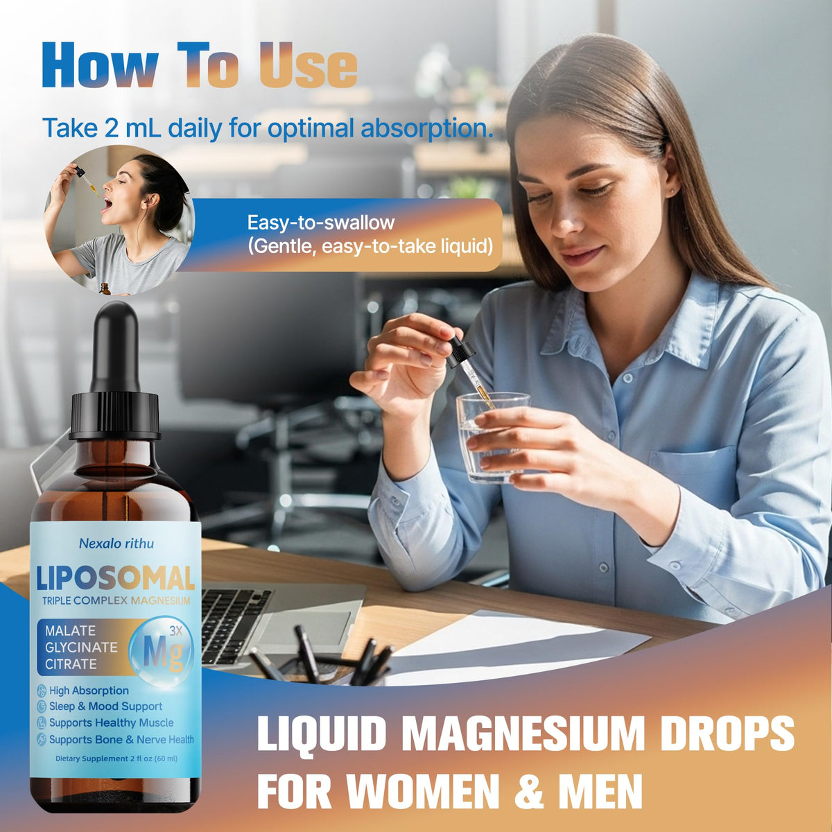 Flacon de magnésium liposomal Nexalo rithu avec un verre d'eau