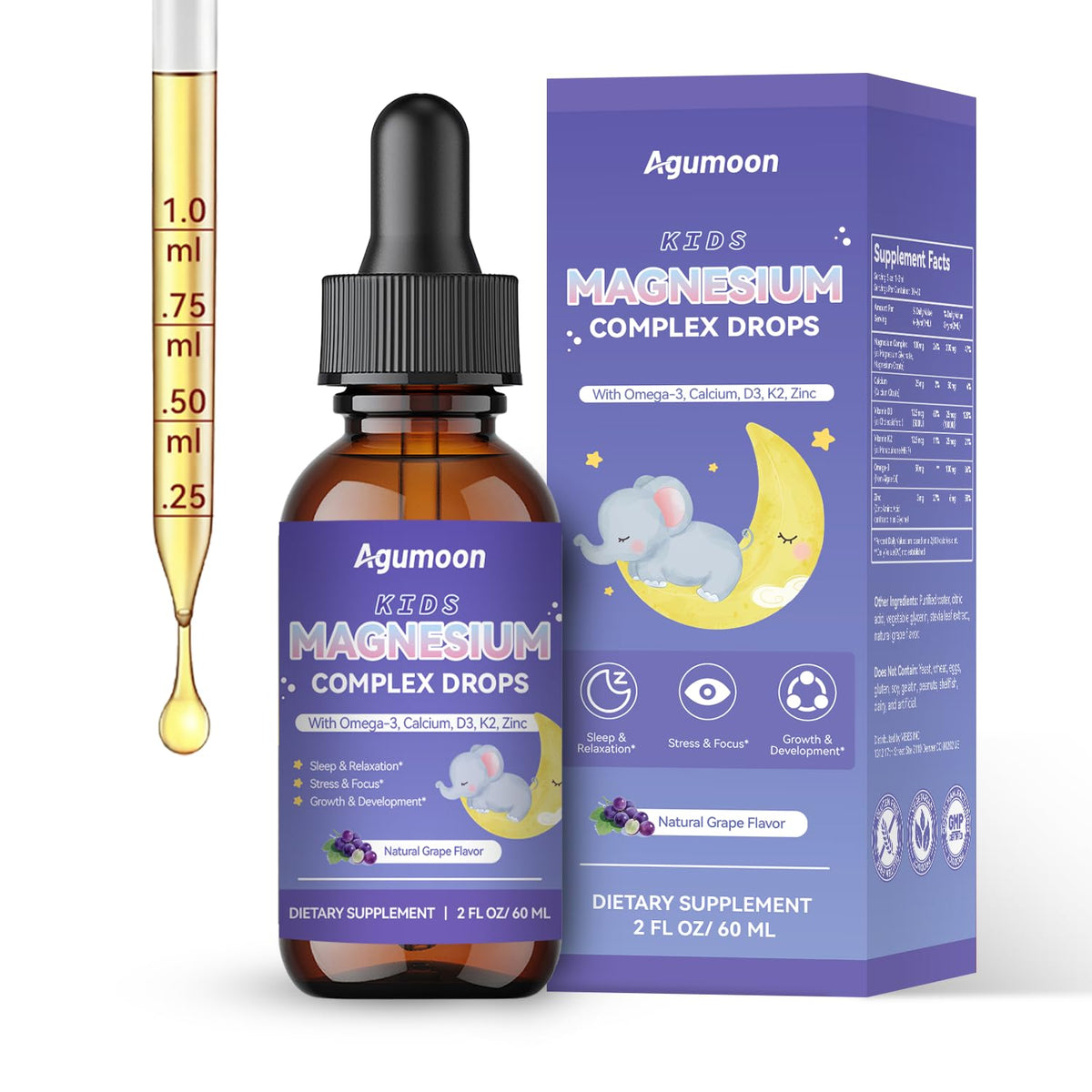 Flacon de magnésium liquide Agumoon 200 mg pour enfants, vue avant