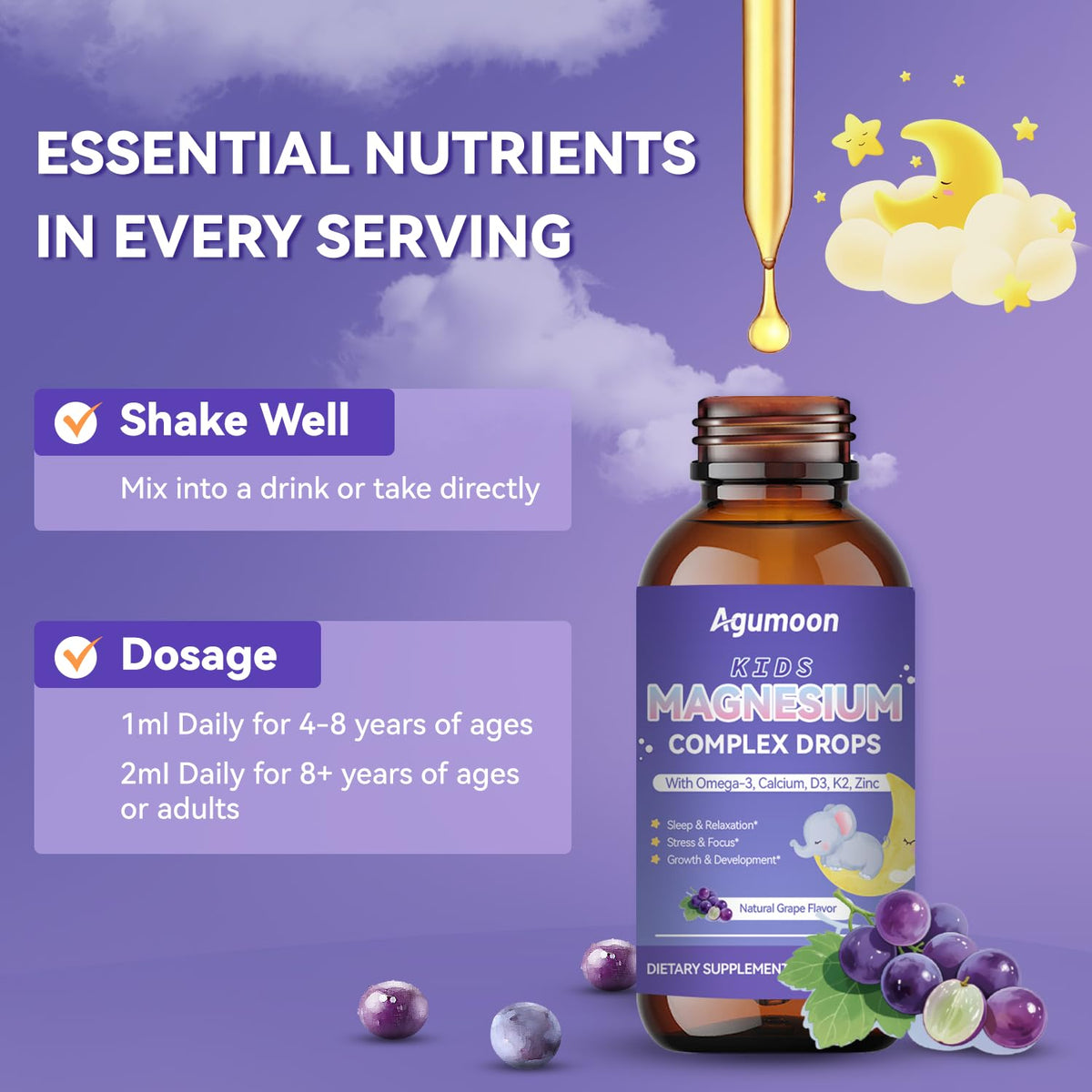 Flacon de magnésium liquide Agumoon avec fruits en arrière-plan