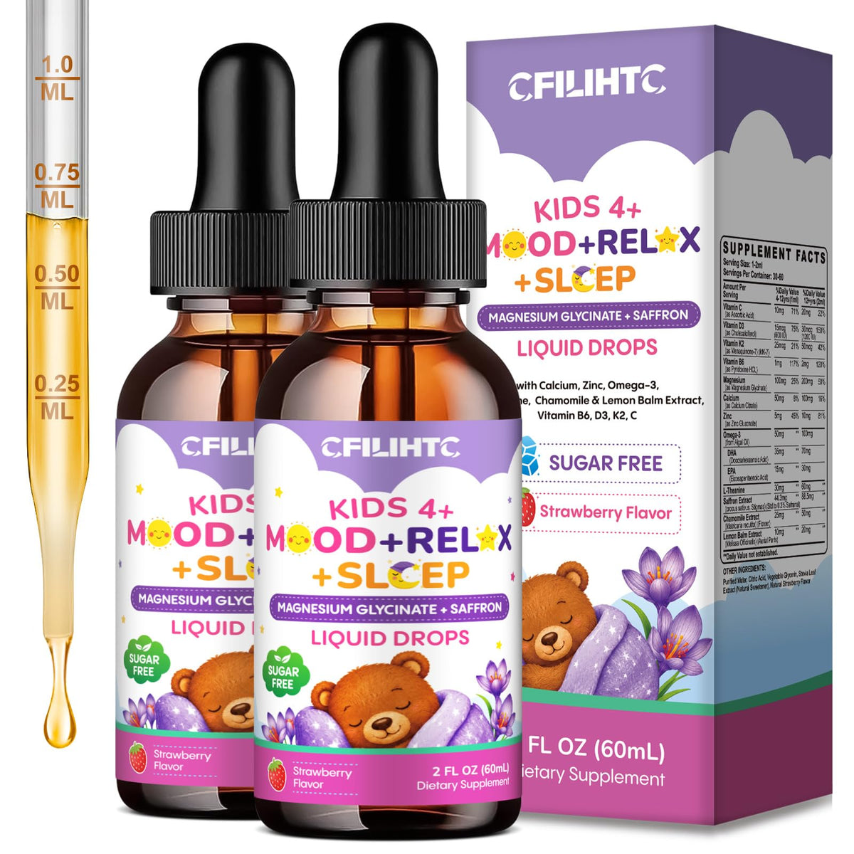 Flacon de magnésium liquide CFILIHTC pour enfants 4 Fl Oz, saveur fraise