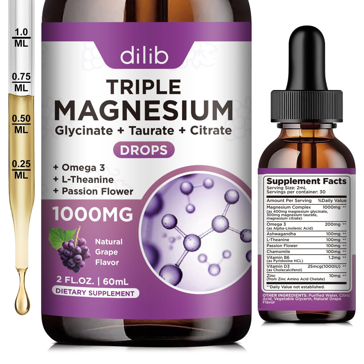 Flacon de magnésium liquide dilib 1000mg vue de face