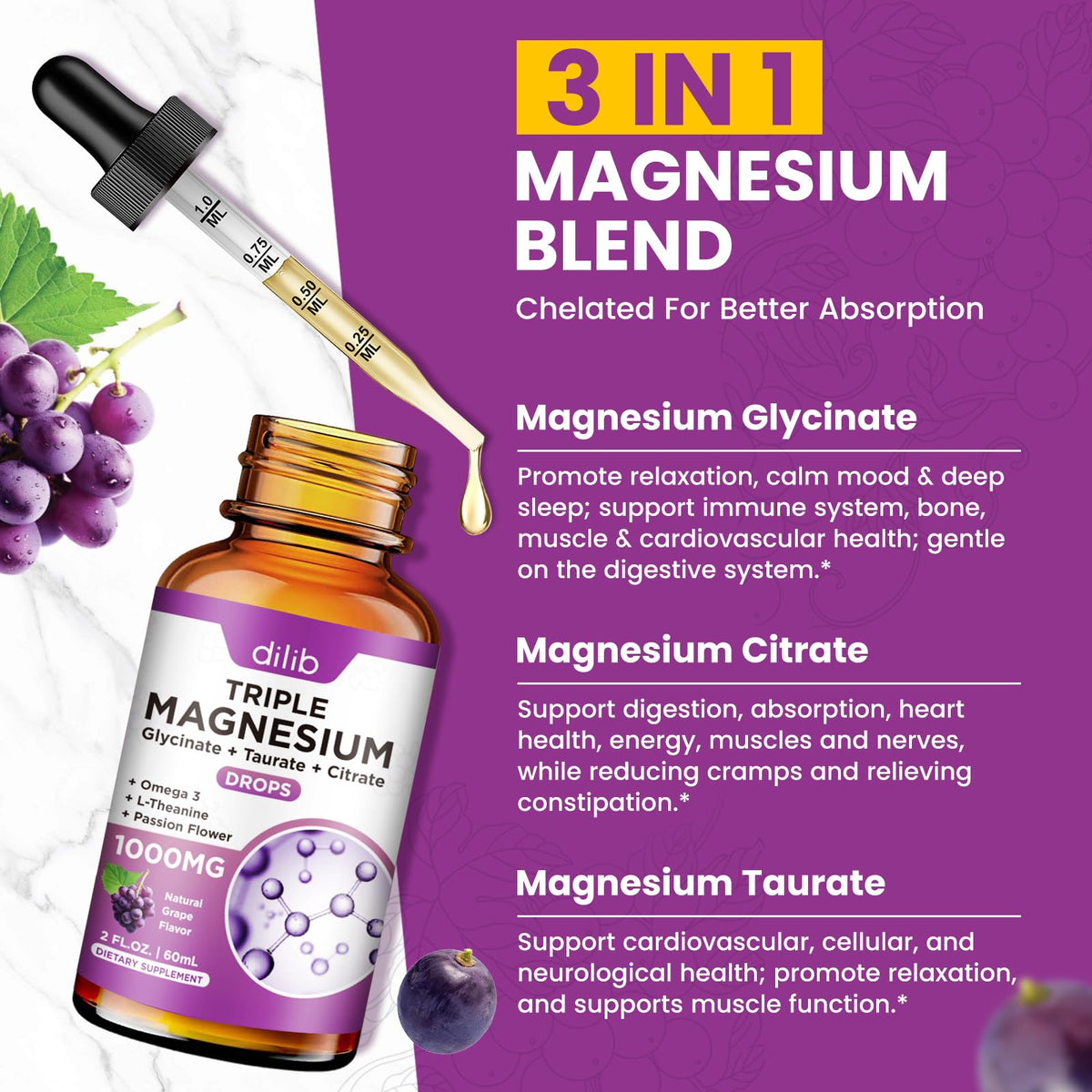 Flacon de magnésium liquide Dilib avec gouttes et étiquette