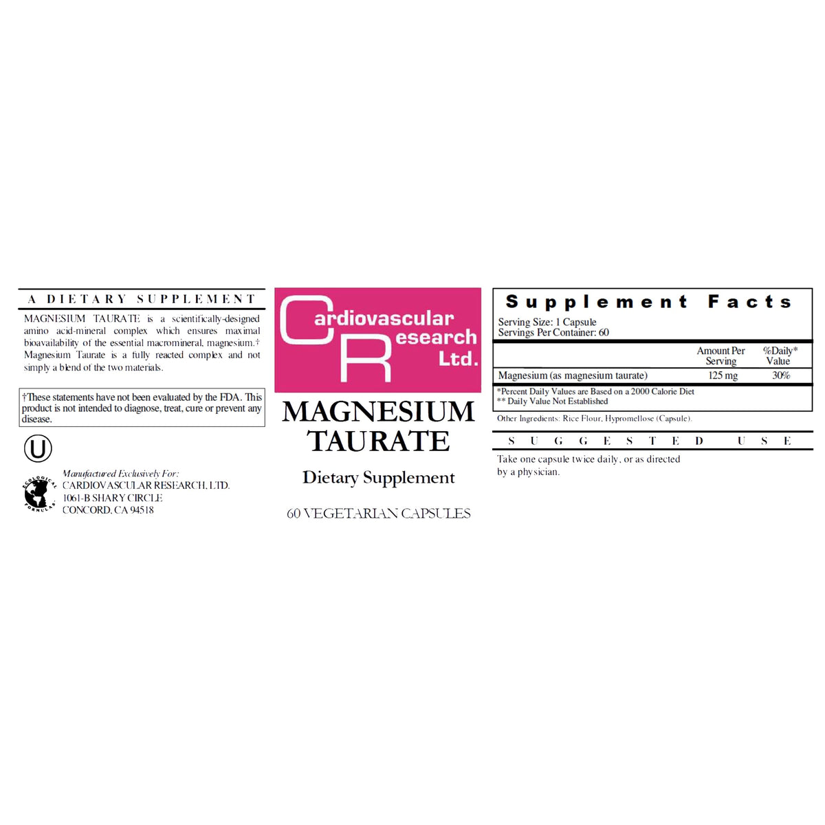 Flacon de Magnésium Taurate Cardiovascular Research avec étiquette visible