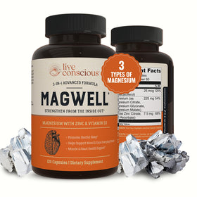 Flacon de Magwell Live Conscious avec 120 capsules de magnésium, zinc et vitamine D3