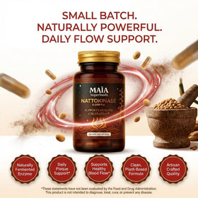 Flacon de MAÏA SUPERFOODS Nattokinase 5000 FU ouvert avec capsules