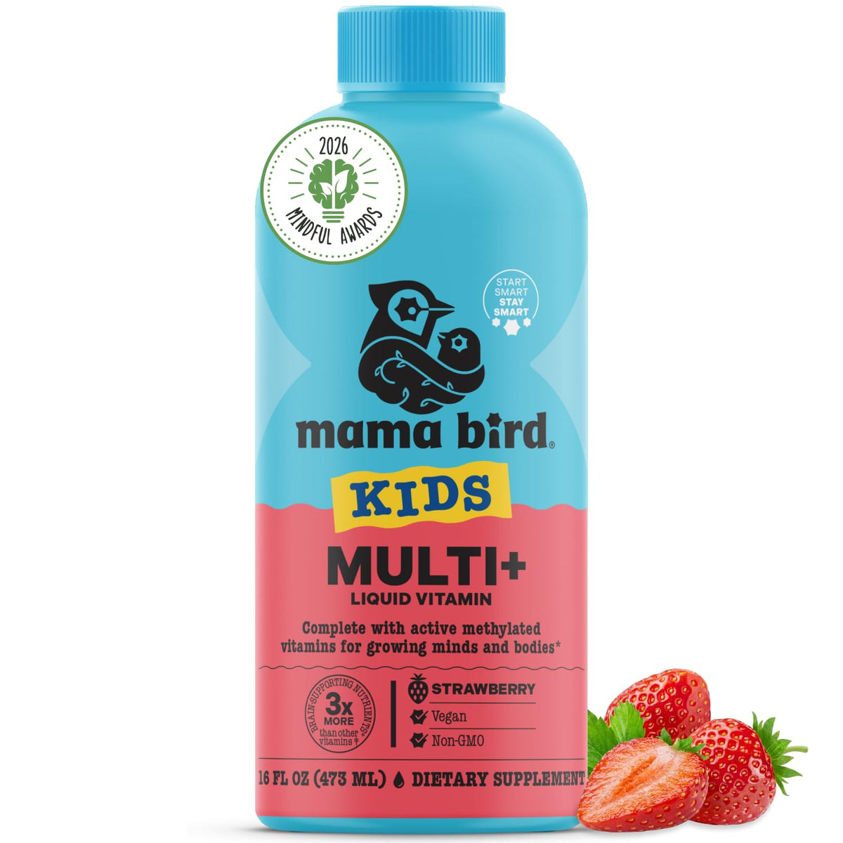 Flacon de Mama Bird multivitamines liquides pour enfants 16 fl oz vue de face