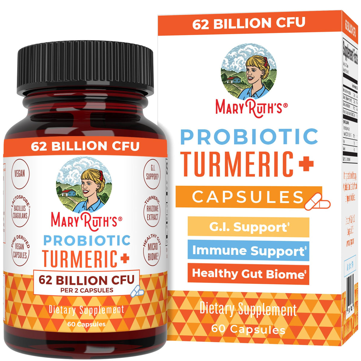 Flacon de MARYRUTH'S Curcuma Probiotiques 60 capsules vue de face