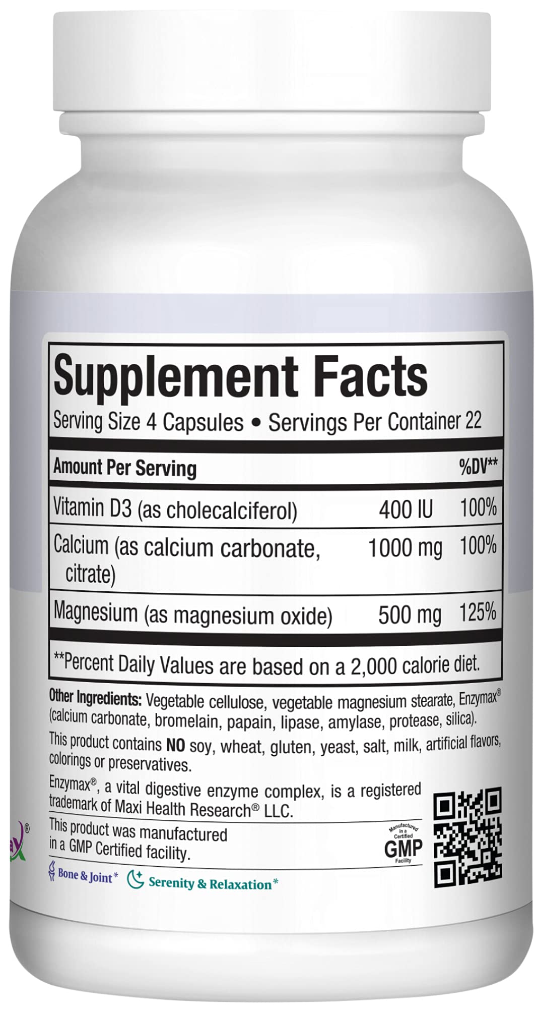 Flacon de Maxi Health Calcium 1000 mg avec D3 et Magnésium sur fond blanc