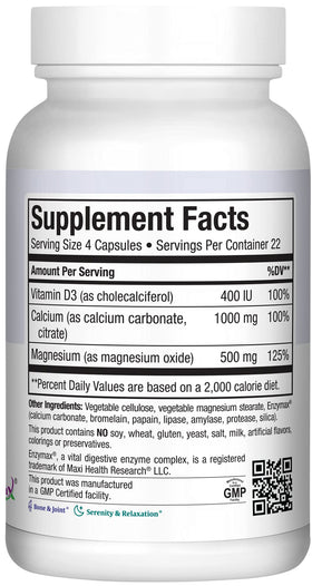 Flacon de Maxi Health Calcium 1000 mg avec D3 et Magnésium sur fond blanc