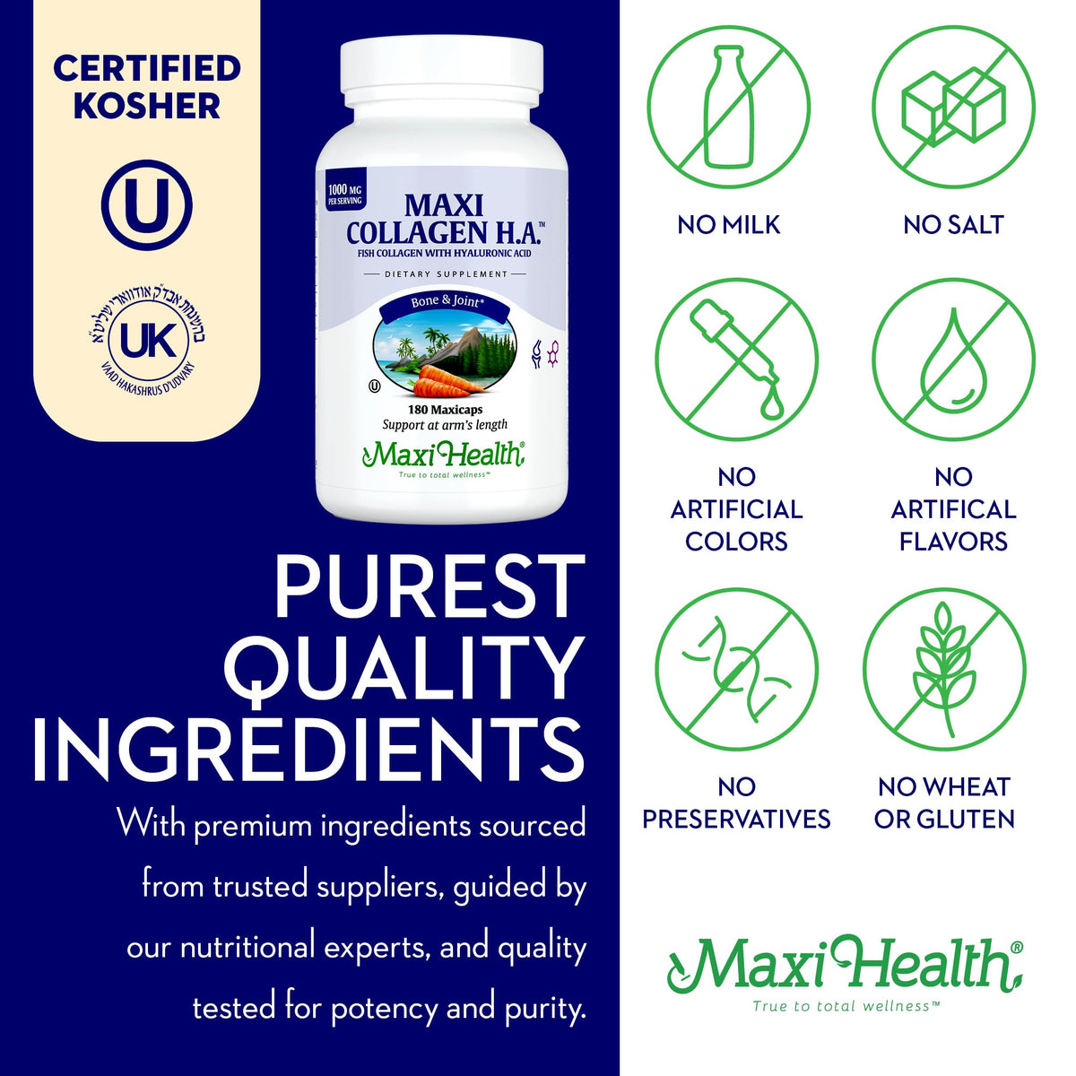 Flacon de Maxi Health Collagène Marin ouvert avec capsules visibles