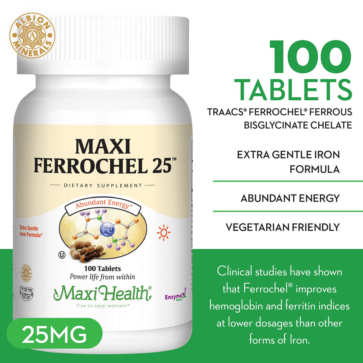 Flacon de Maxi Health Fer 25mg avec étiquette visible